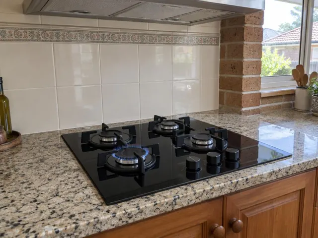 Black gas cooktop set into a speckled stone kitchen benchtop with tiled splashback and window in The Junction