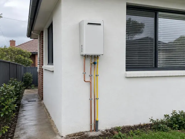 Wall-mounted hot water system with copper and yellow pipework beside a white house wall in Cooks Hill